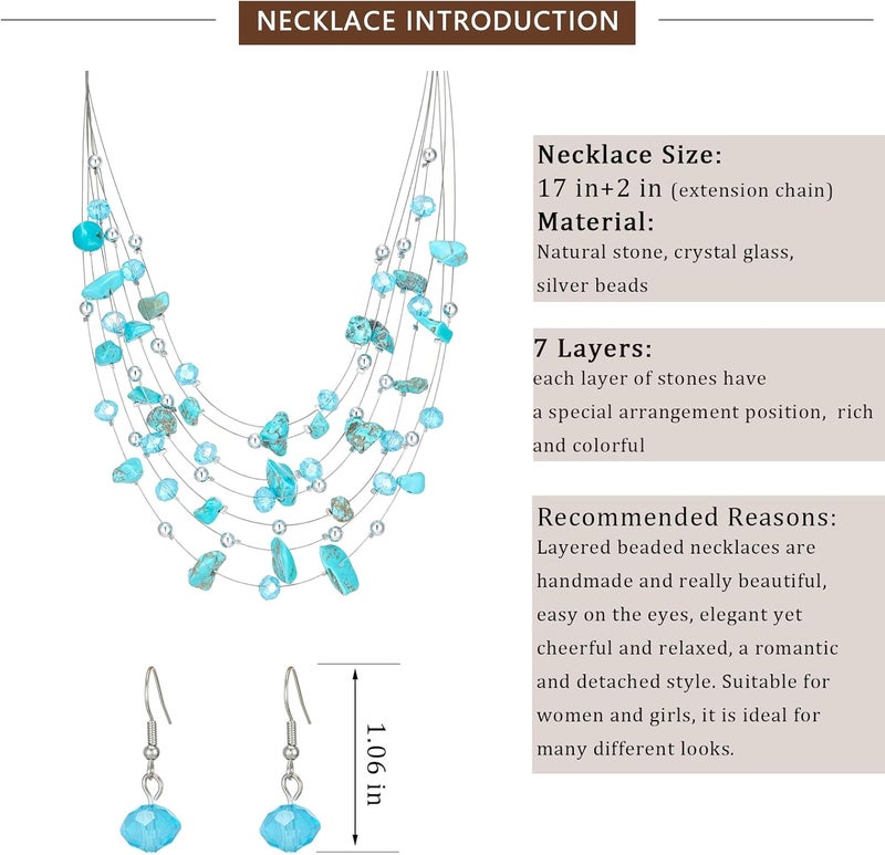 Errally Store Multi-Layer Boho Shell Beaded Necklace for Women Colorful Crystal Strand with Silver Beads Statement Collars Necklace and Earrings Costumes Jewelry Sets for Women - Image 5